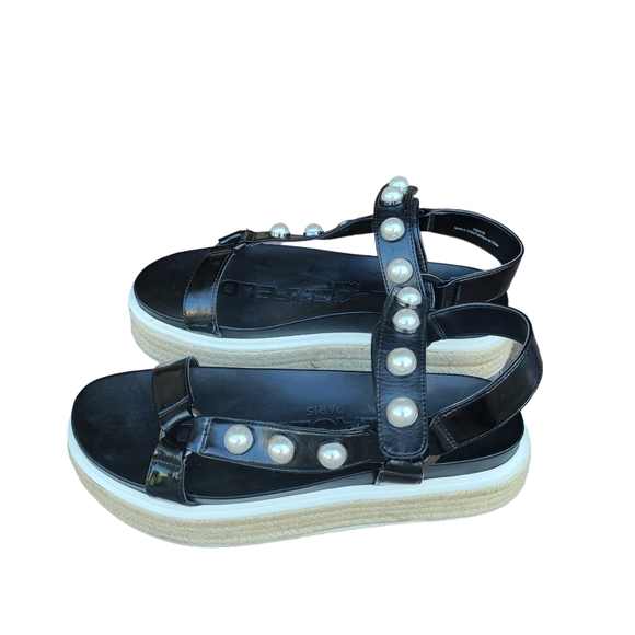 KarlLagerfeldWomensBlackStuddedAnkle StrapRoundToePlatformLeatherShoeSize 10M - Picture 1 of 9